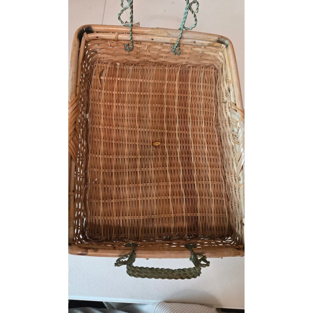 Vintage Heironimus Wicker Rattan Serving Basket Tray Green Metal Handles 16